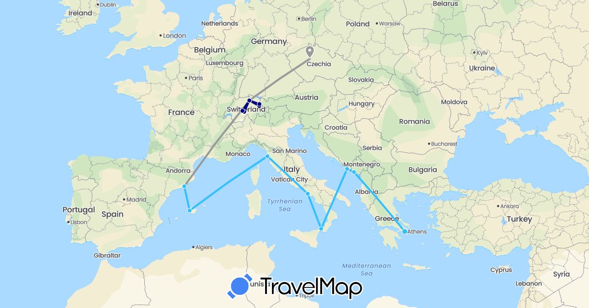TravelMap itinerary: driving, plane, boat in Switzerland, Czech Republic, Spain, Greece, Croatia, Italy, Liechtenstein, Montenegro (Europe)