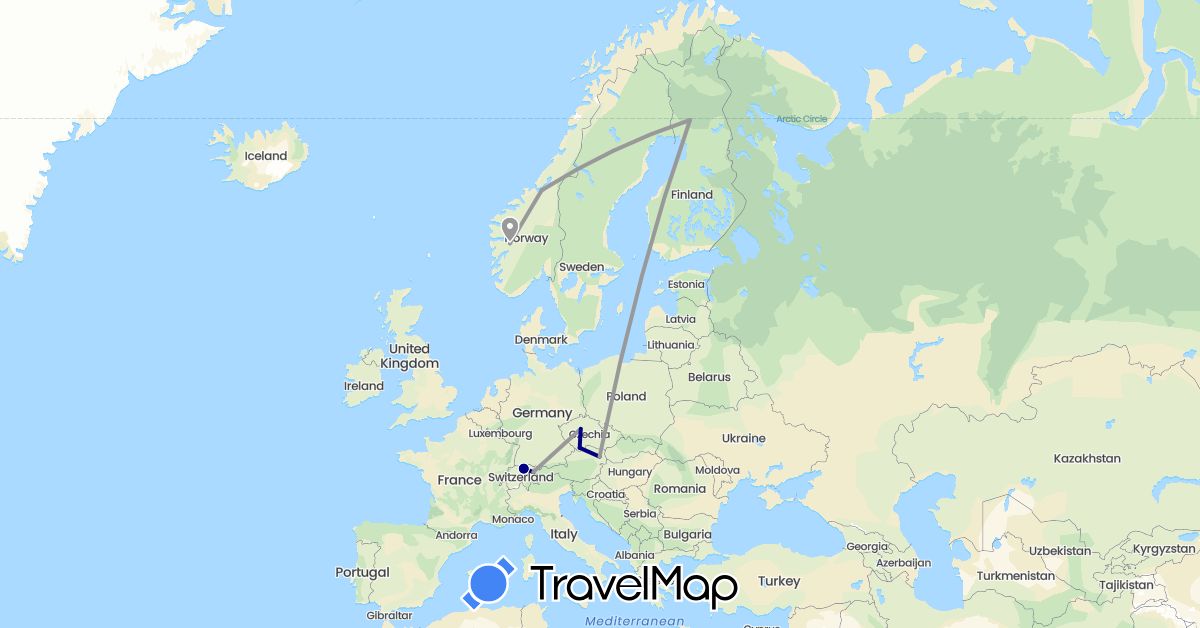 TravelMap itinerary: driving, plane in Austria, Switzerland, Czech Republic, Finland, Liechtenstein, Norway (Europe)